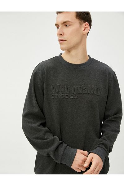 Koton Slogan Embroidered Sweater Embossed Textured Crew Neck