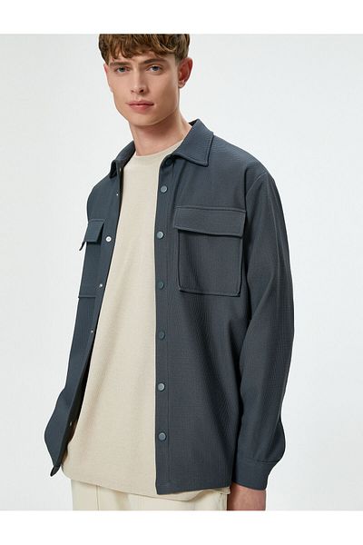 Koton Winter Shirt Pocket Detailed Snap Button Classic Collar Textured