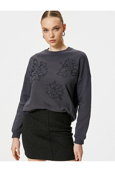 Koton Şahika Ercümen X - Flower Embroidered Crew Neck Sweatshirt