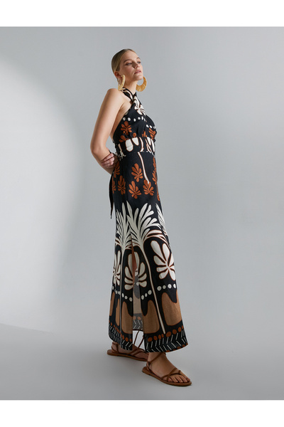 Koton Melis Ağazat X - Boyundan Bağlamalı Uzun Elbise Viskon Fiyonk Detaylı Etnik Desenli