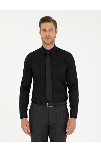 Pierre Cardin Siyah Parlak Saten Slim Fit Uzun Kollu Basic Gömlek 50292520-VR046