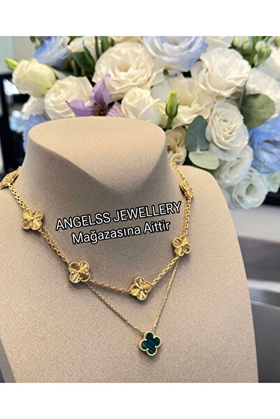 ANGELSS JEWELLERY 2’li Kombin Gold Ve Yeşil Kolye Set * (İKİLİ YONCA MODEL GO...