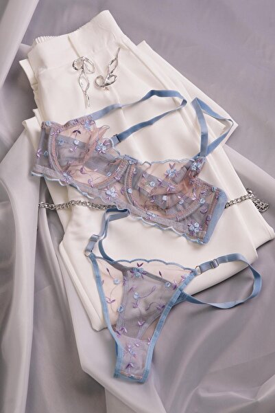 Hipo Trend Комплект бюстгальтера та трусиків з квітковим вишиванням та тюлем,...