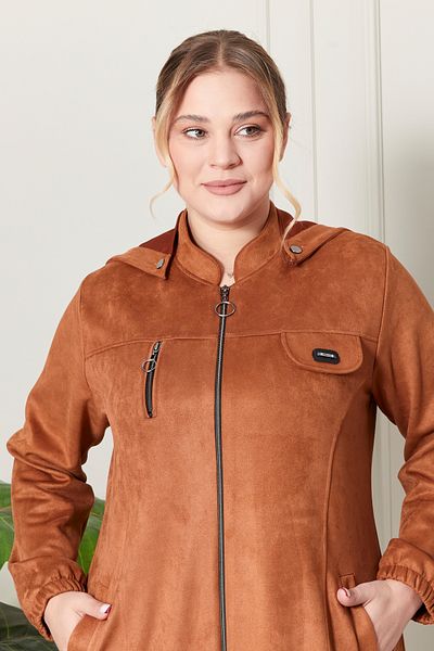 Ferace Plus Size Hijab Suede Hooded Top Coat - Chest Zippered