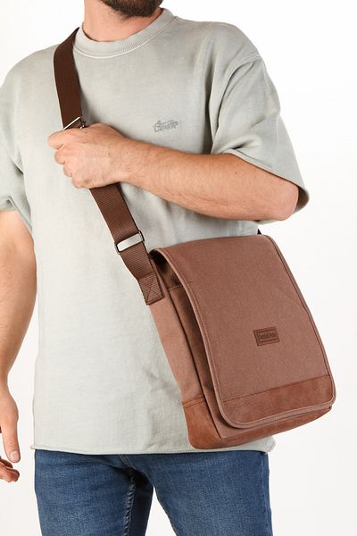 Newish Unisex Tan Canvas Canvas Diagonal Shoulder Bag Τσάντα Macbook Tablet πολλαπλών διαμερισμάτων