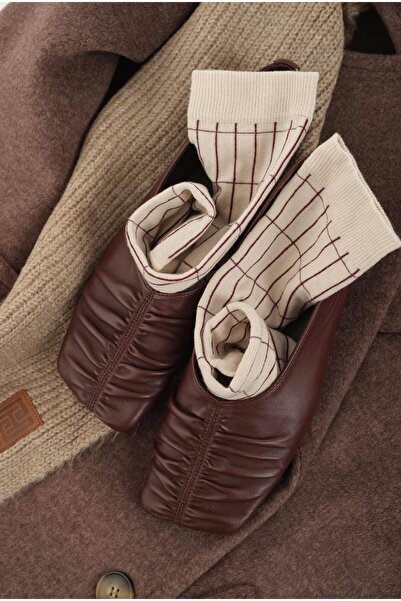 HEQA Șosete cu model Grid Bej-Roșu Claret