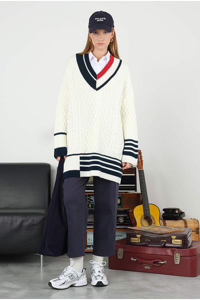 HEQA Ecru Textured Sweater - Stripe Detailed