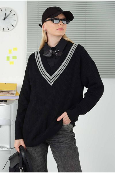 HEQA V-Neck Textured Knitwear Black