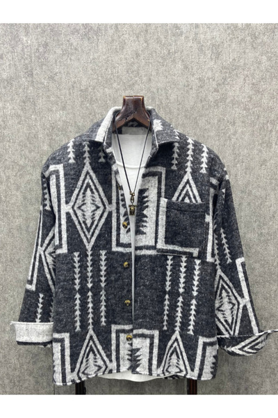 FıttingRoom Oversize Bohem Desenli Pamuklu Kaşe Gömlek
