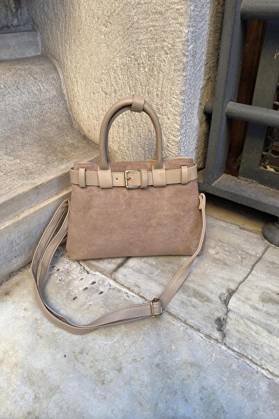 LEONAS Suede Double Compartment Women's Hand and Shoulder Bag Patric Mink with Belt Accessories