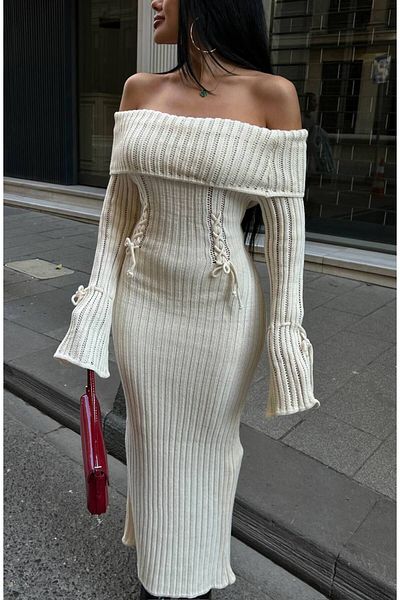LB Laluna Butik Γυναικείο πλεκτό φόρεμα με μακρυμάνικο γιακά Madonna