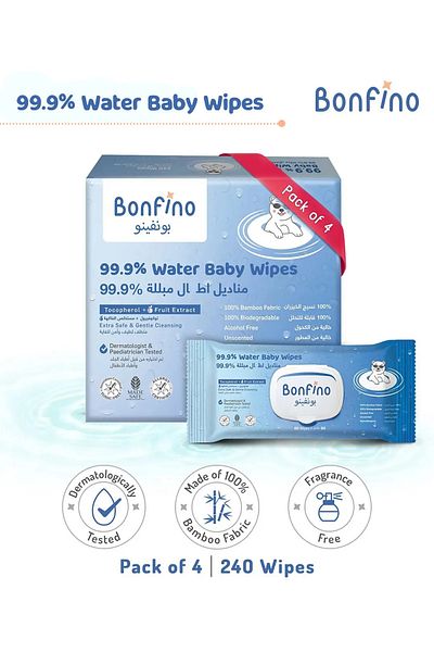 Bonfino 240 Pieces, Hypoallergenic 99.9% Water Baby Wipes - Alcohol & Fragrance-Free