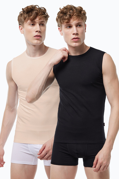 Malabadi Ανδρικό μαύρο δέρμα χρώματος 2 πακέτο Crew Neck χωρίς σήμανση Modal Αμάνικο εσώρουχο 007