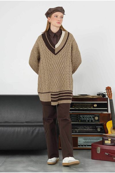 HEQA Mink Colored Textured Sweater - Stripe Detailed