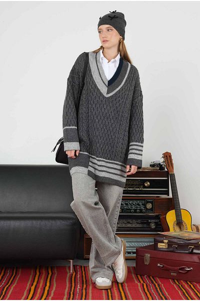 HEQA Dark Gray Textured Sweater - Stripe Detail