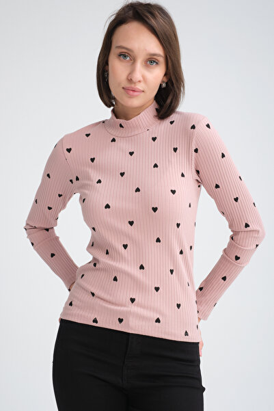 TOMURCUKSTAR Düz Yarım Balıkçı Yaka Kadın Siyah Kalp Desenli Bady