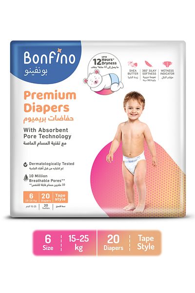 Bonfino Premium Tape Diapers,Paraben Free,Phthalate Free,Dermatologically Tested,Size 6 - 20 Pieces