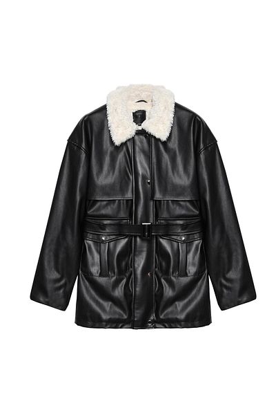 Quzu Black Leather Coat - Plush Detailed