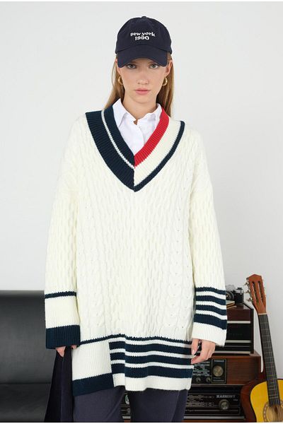 HEQA Ecru Textured Sweater - Stripe Detailed