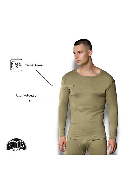 Gümüş İç Giyim Men's Military Green Winter Thermal Bottom Top Suit Set, Silver Underwear Thermal Underwear