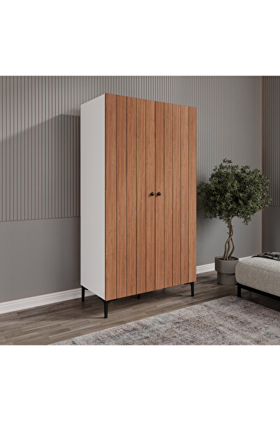 MERLİN MOBİLYA ESEN 2 KAPILI 6 BÖLMELİ BAMBU-BEYAZ AYAKLI ELBİSE DOLABI