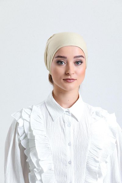 HÜRREM BONE Μπεζ πίσω γραβάτα Hijab Bonnet Χτενισμένο ύφασμα απλό καπό 1011_12