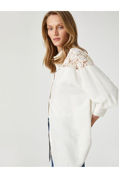 Koton Oversize košile háčkovaná detailní lněná směs