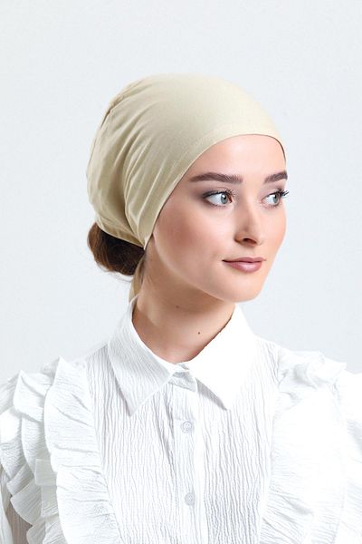 HÜRREM BONE Μπεζ πίσω γραβάτα Hijab Bonnet Χτενισμένο ύφασμα απλό καπό 1011_12
