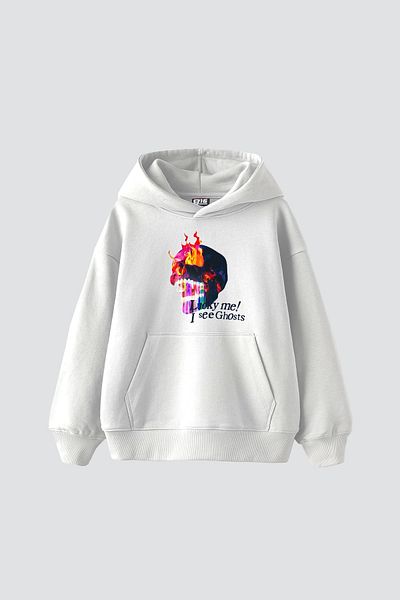 Bak Moda I See Ghosts Printed Oversize Unisex Premium Λευκό Hoodie