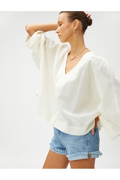 Koton Oversize Blouse Linen Blend V Neck