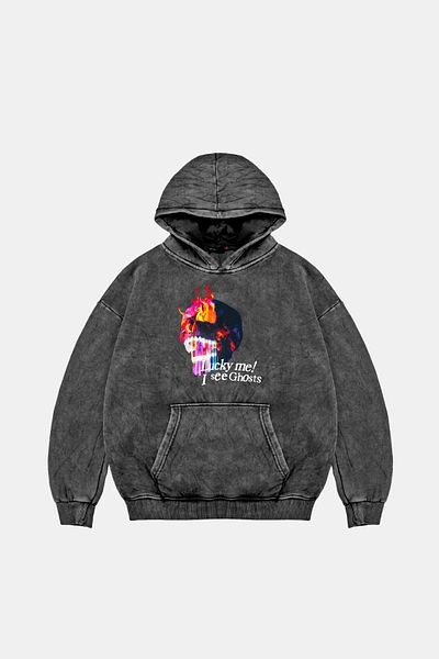 Bak Moda I See Ghosts Printed Oversize Unisex Premium Washed Black Hoodie