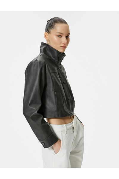 Koton Faux Leather Jacket Stand Collar Buttoned