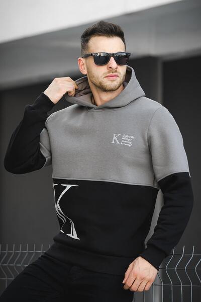 Oksit Kewin Üç İplik Şardonlu Baskılı Çift Renk Parçalı Kapüşonlu Erkek Sweatshirt
