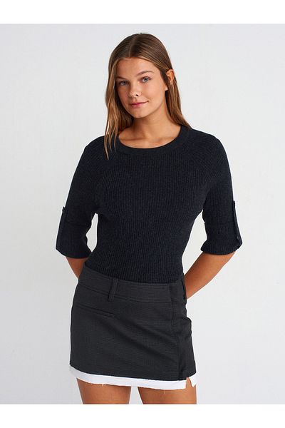 Dilvin 10647 Crew Neck Ribbed Sleeve Button Detailed Knitwear Sweater-Anthracite