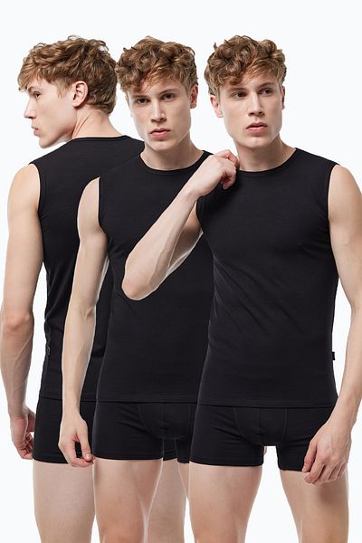 Malabadi Black Modal Sleeveless Undershirt 007 - Pack of 3, Crew Neck, No Trace
