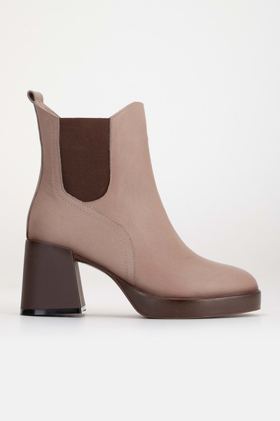 ANALİN SHOES Kadın Hakiki Deri Lastikli Kalın Topuklu Bot - Taş