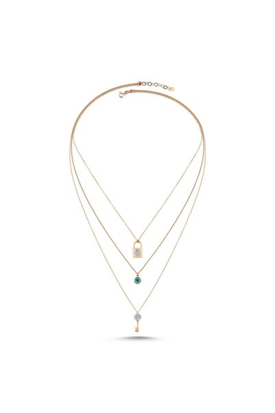 Sembol Gold Rose Altın Kalbimin Anahtarı Kolye Üç Zincirli