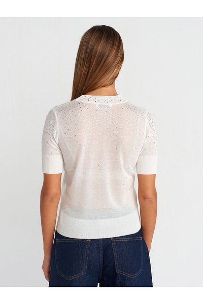 Dilvin 10605 Crew Neck Shiny Rhinestone Short Sleeve Slim Knitwear Blouse-Ecru