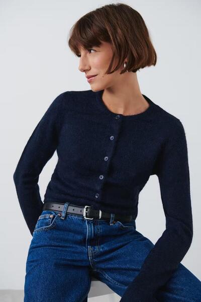 Madmext MG2151 MoDel Navy Blue Knitwear CarDigan - ButtoneD