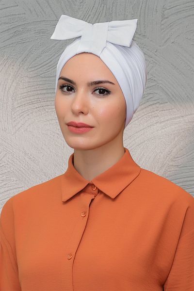 HÜRREM BONE White Practical Ready-made Interlocking Hijab Bonnet Sandy Fabric Bow Tied Gathered 7010_42