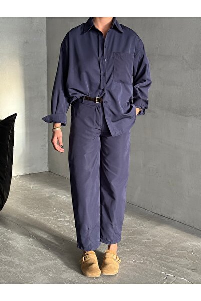 Laluvia Sötétkék Merlin öves ing nadrág szett - 8453