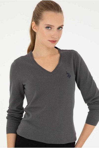 U.S. Polo Assn. Pulover de bază antracit cu decolteu în V de damă