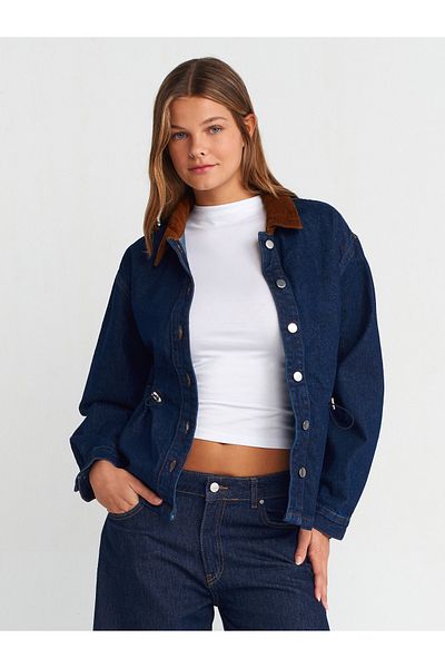 Dilvin 65359 Navy Blue Denim Coat - Velvet Collar, Rins Wash