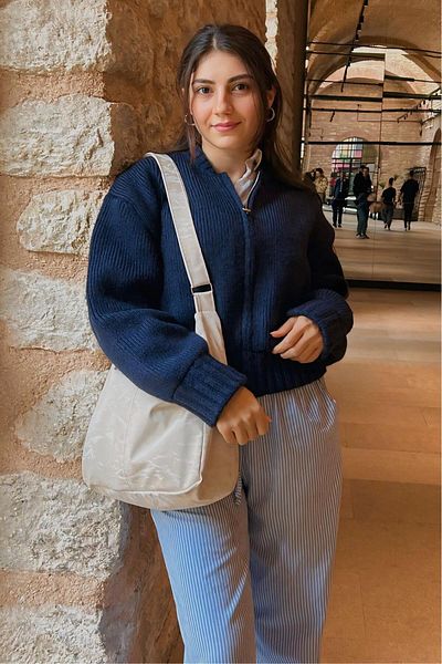 Madmext Cardigan tricot cu mânecă lungă cu fermoar albastru MG2061