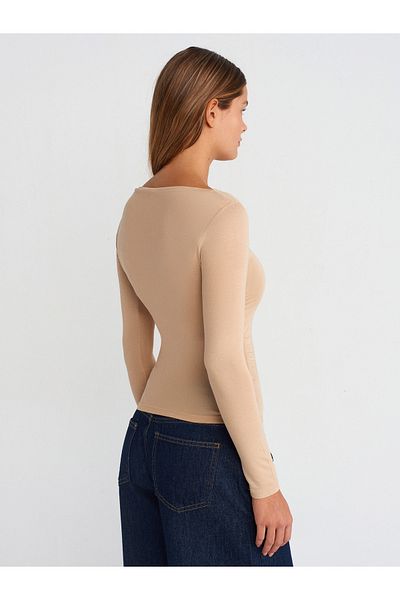 Dilvin 31431 Asymmetrical Long Sleeve - Dark Beige Top