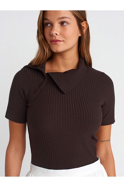 Dilvin 31389 Button Detailed Short Sleeve Ball-Dark Brown