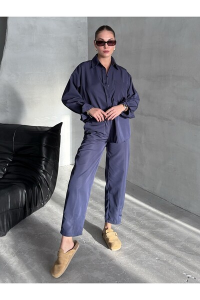 Laluvia Sötétkék Merlin öves ing nadrág szett - 8453