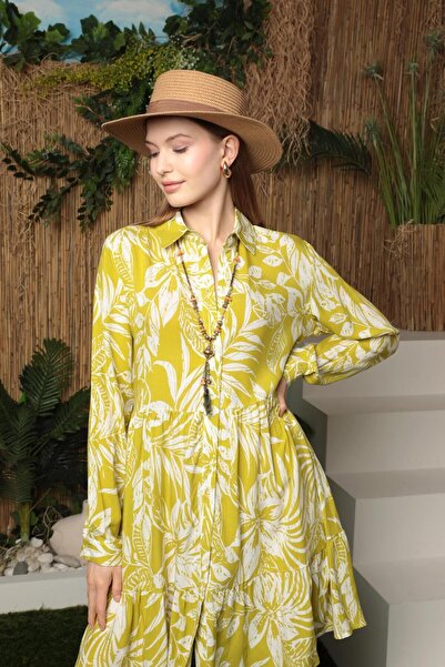 Genel Markalar Viskon Kumaş Yaprak Desen Kısa Elbise Yağ Yeşili