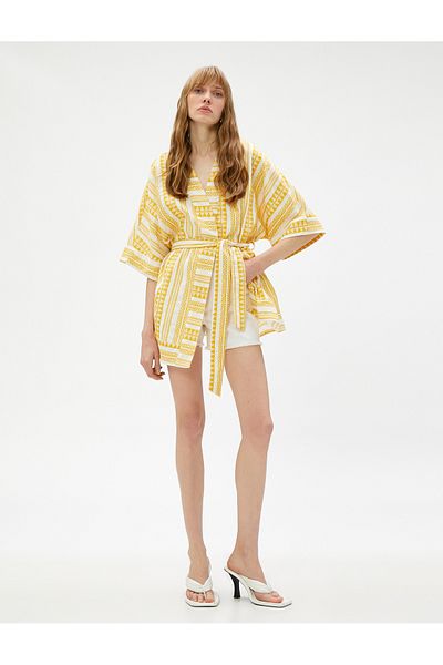 Koton Ethnic Patterned Kimono Belted Short Sleeve