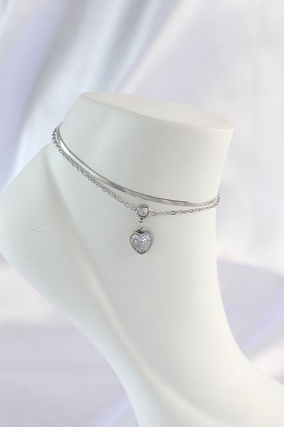 Skygo Gold Colored 316L Heart Designed Zircon Stone 2-Piece Anklet - TJ-HH1589